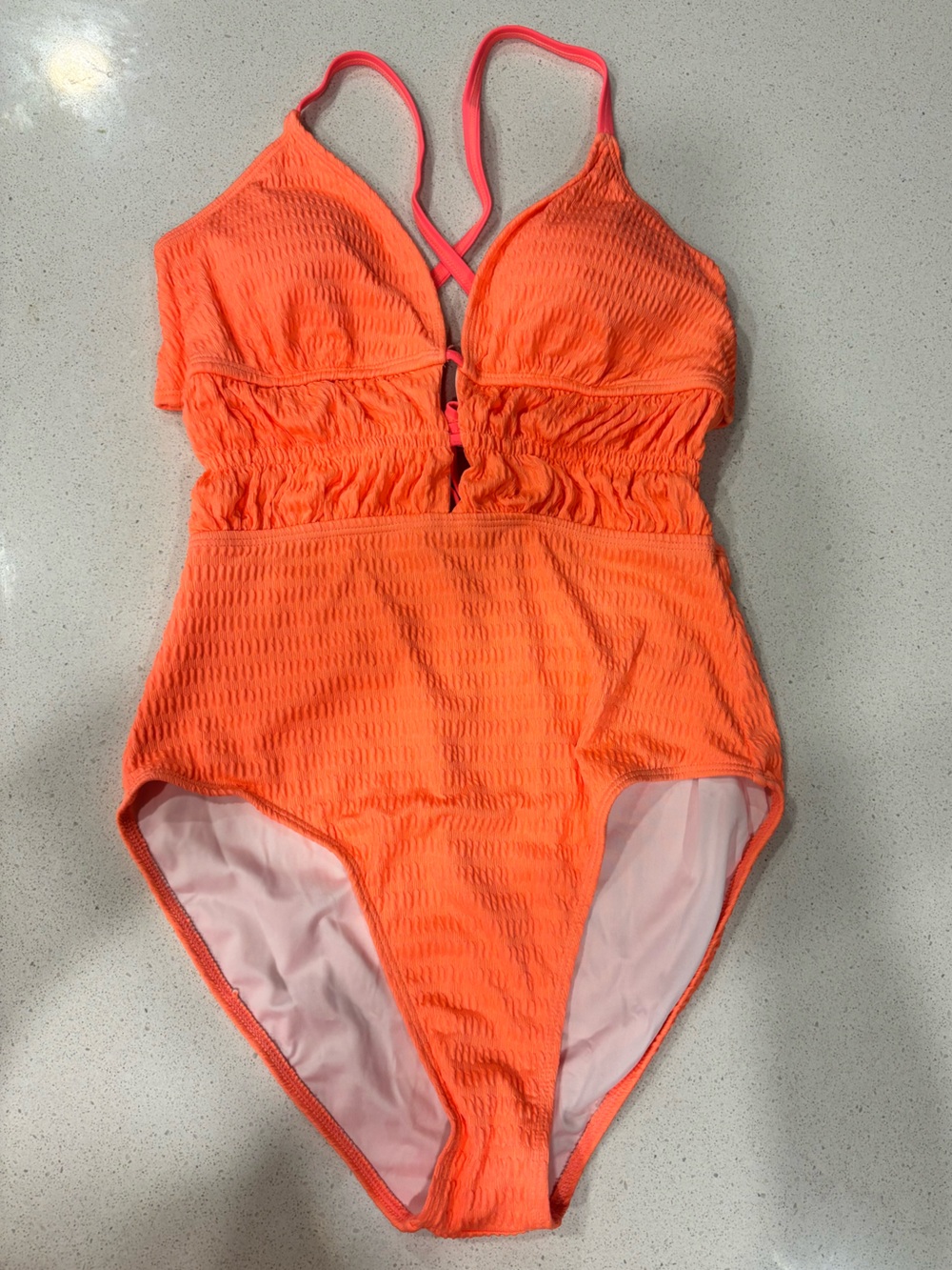 Textured Orange One-Piece Swimsuit with Ruched Waist